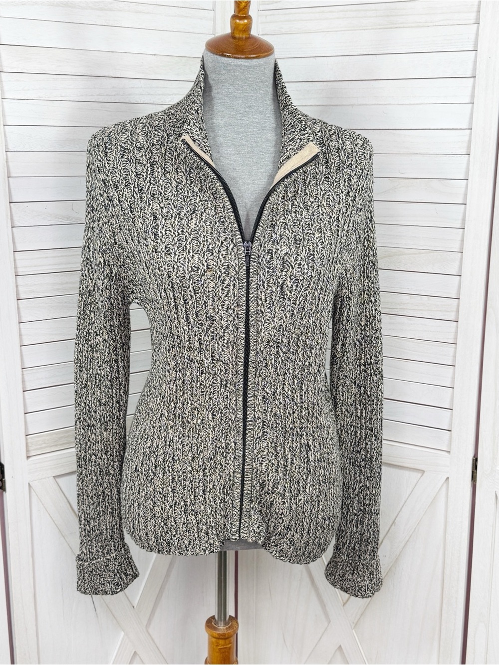 Talbots Petite Marled Knit Full Zip Mock Neck Cardigan Sweater Medium Black Tan